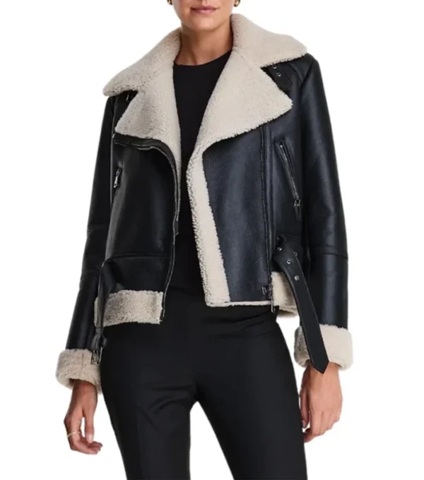 Cole Notch Style Shearling Collar Black Biker Jacket