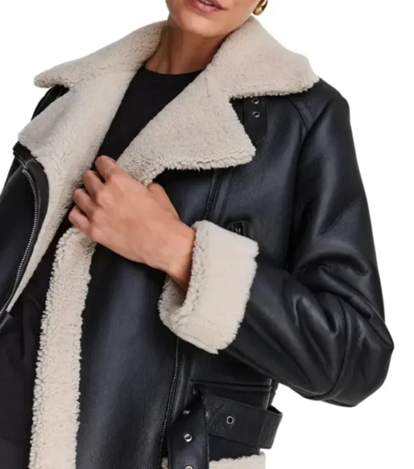 Cole Notch Style Shearling Collar Black Biker Jacket Closeup
