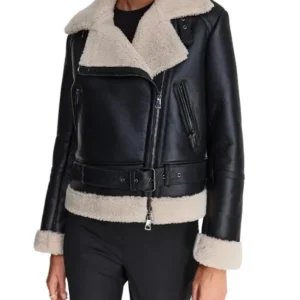 Cole Notch Style Shearling Collar Black Biker Jacket Front