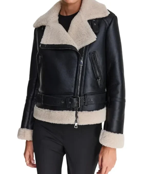 Cole Notch Style Shearling Collar Black Biker Jacket Front