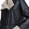 Cole Notch Style Shearling Collar Black Biker Jacket Front Closeup