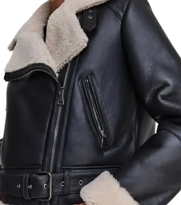 Cole Notch Style Shearling Collar Black Biker Jacket Front Closeup