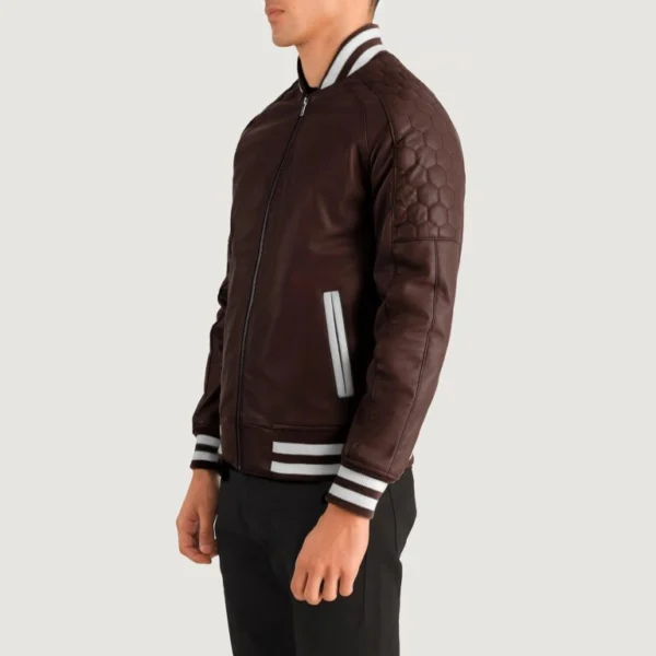 Colter Brown Varsity Leather Bomber Jacket Side View