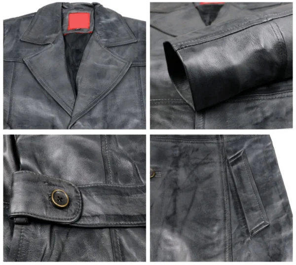 Dashiell tailored leather trench coat Closeup