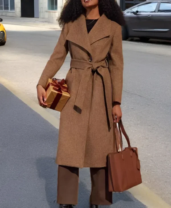 Deanna Tailored Fit Clean Cut Brown Wool Long Coat Front