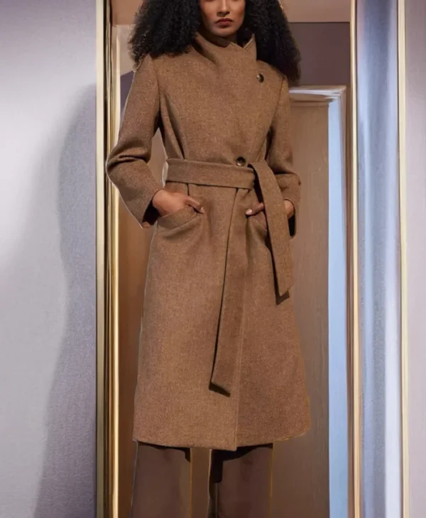 Deanna Tailored Fit Clean Cut Brown Wool Long Coat Front View