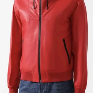 Delaney Red Hooded Leather Bomber Jacket