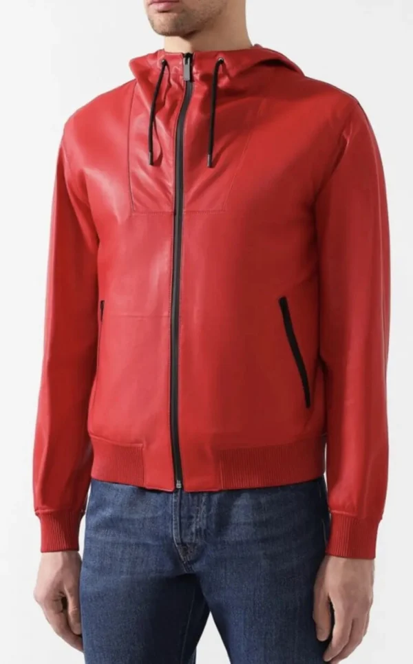 Delaney Red Hooded Leather Bomber Jacket