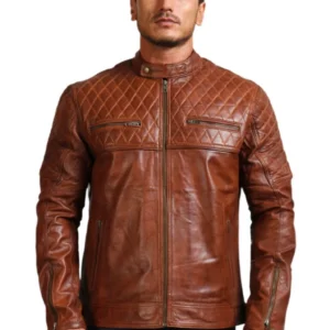 Dru brown quilted biker leather jacket