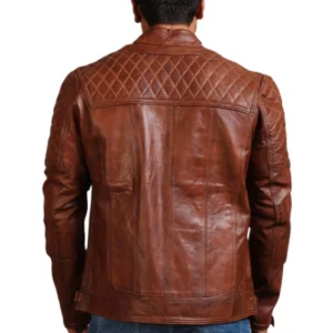 Dru brown quilted biker leather jacket Back