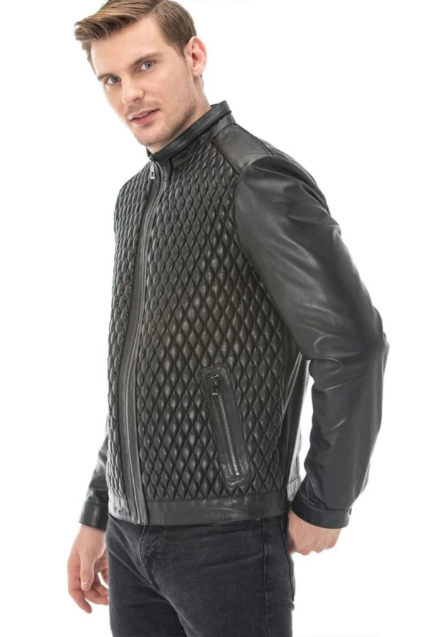 Elijah black diamond quilted leather jacket Side View