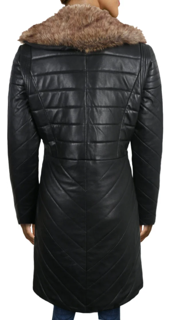 Elric womens black shearling lambskin leather overcoat Back