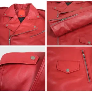 Elsie Red Double Rider Leather Jacket Closeup