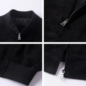 Emmalee Matte Black Suede Bomber Jacket Closeup