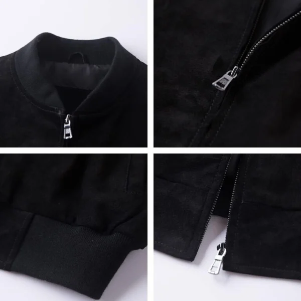 Emmalee Matte Black Suede Bomber Jacket Closeup