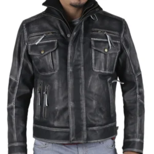 Felicia Distressed Charcoal Black Bomber Leather Jacket