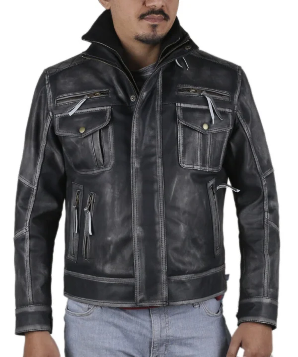 Felicia Distressed Charcoal Black Bomber Leather Jacket