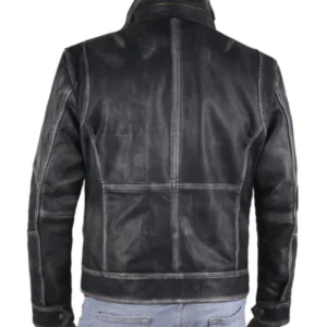 Felicia Distressed Charcoal Black Bomber Leather Jacket Back