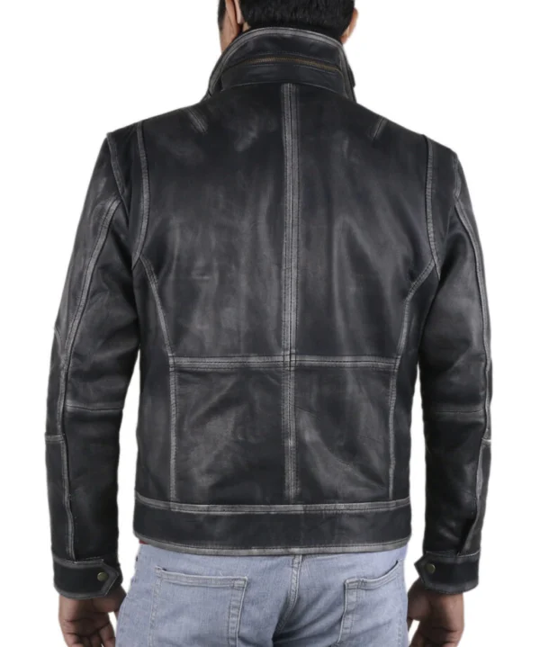 Felicia Distressed Charcoal Black Bomber Leather Jacket Back