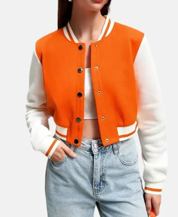 Genesis Cropped Orange Wool Varsity Jacket