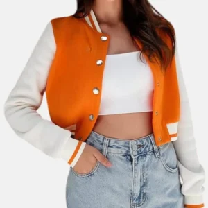Genesis Cropped Orange Wool Varsity Jacket Front