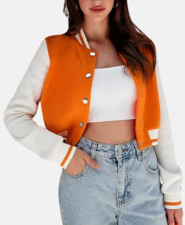 Genesis Cropped Orange Wool Varsity Jacket Front