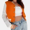 Genesis Cropped Orange Wool Varsity Jacket Front View