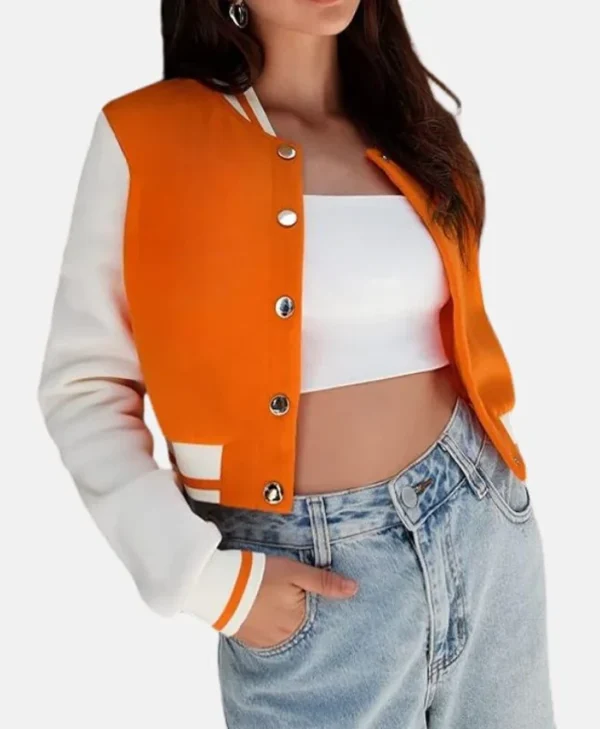 Genesis Cropped Orange Wool Varsity Jacket Front View