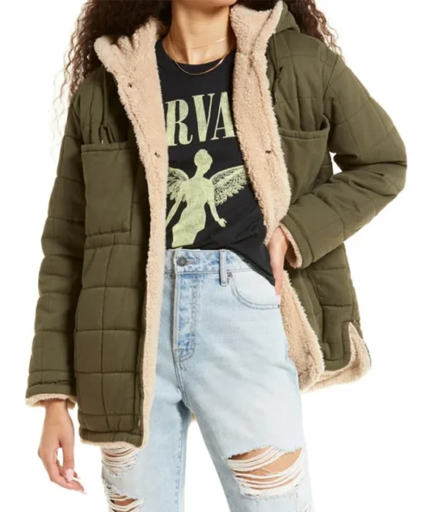 Ginny Miller Ginny and Georgia S03 Green Hooded Shearling Coat Front View