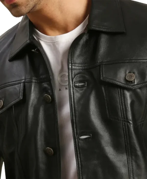 Gonzalo Black Leather Trucker Jacket Closeup
