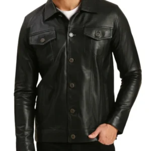 Gonzalo Black Leather Trucker Jacket Front