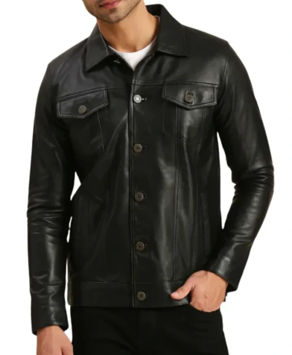 Gonzalo Black Leather Trucker Jacket Front