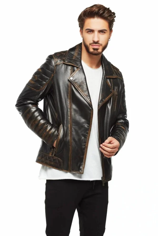 Greysen Distressed Black Street Biker Leather Jacket Front