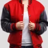 Hartwell Plain Red Wool Body Black Leather Sleeves Lettermen Varsity Jacket Open Front
