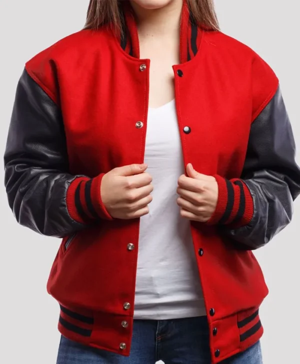Hartwell Plain Red Wool Body Black Leather Sleeves Lettermen Varsity Jacket Open Front