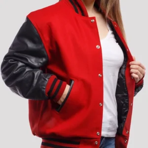 Hartwell Plain Red Wool Body Black Leather Sleeves Lettermen Varsity Jacket Side View
