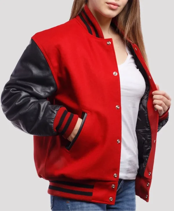 Hartwell Plain Red Wool Body Black Leather Sleeves Lettermen Varsity Jacket Side View