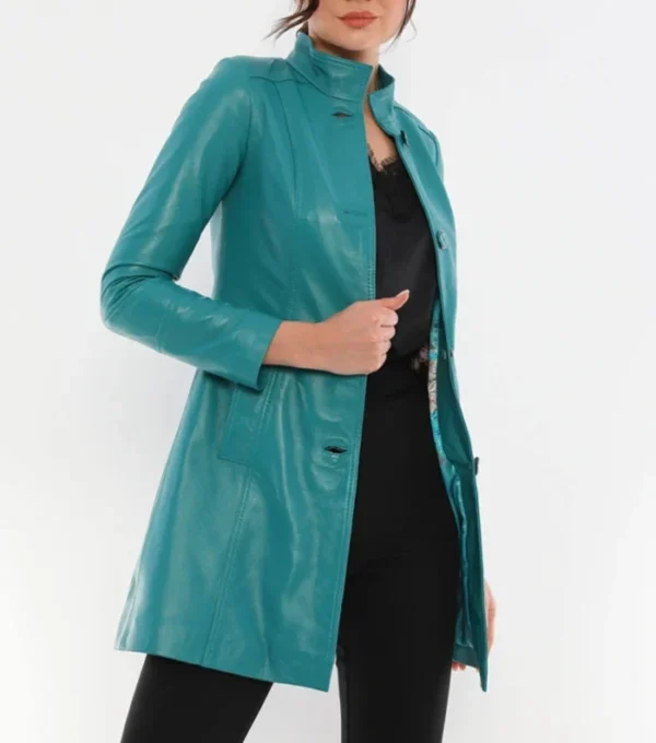 Heather Youthful Turquoise Blue Leather Coat