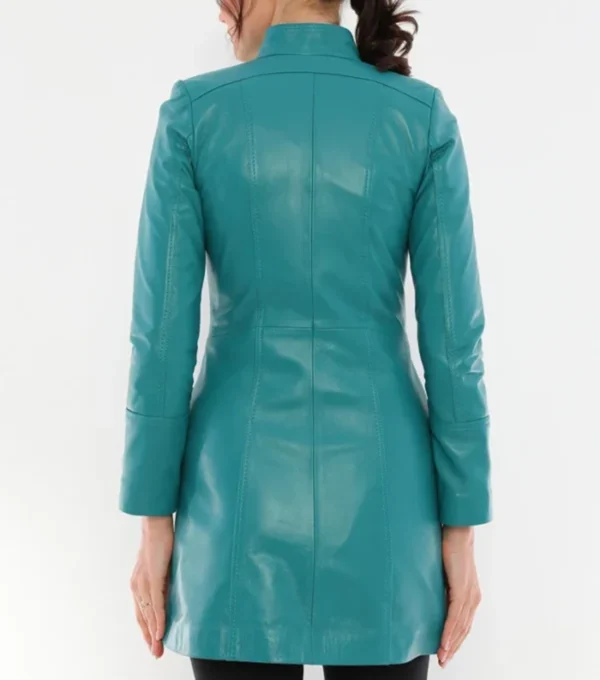 Heather Youthful Turquoise Blue Leather Coat Back