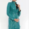 Heather Youthful Turquoise Blue Leather Coat Front