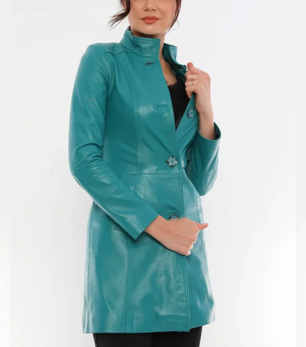 Heather Youthful Turquoise Blue Leather Coat Front