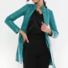 Heather Youthful Turquoise Blue Leather Coat Open Front