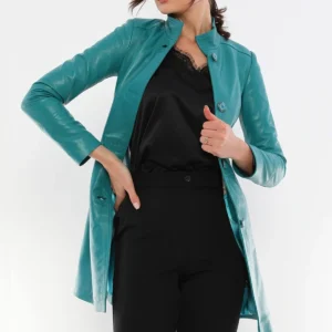 Heather Youthful Turquoise Blue Leather Coat Open Front