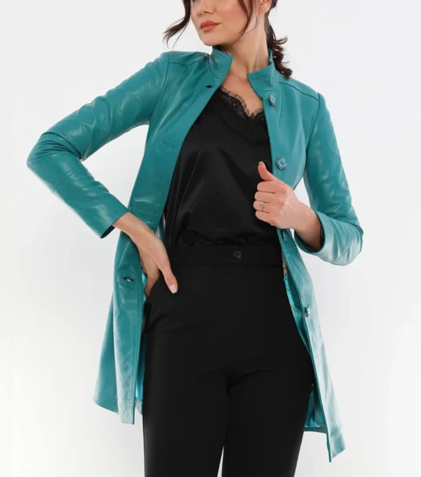 Heather Youthful Turquoise Blue Leather Coat Open Front