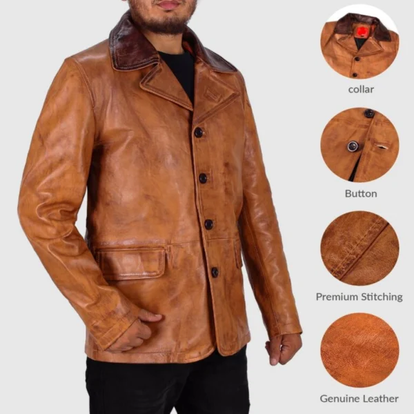 Itzel Distressed Double breasted Mens Leather Winter Coat Front