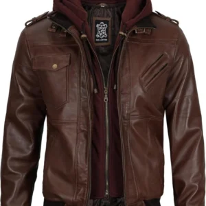 Ivylin Brown Hooded Cafe Racer Leather Jacket