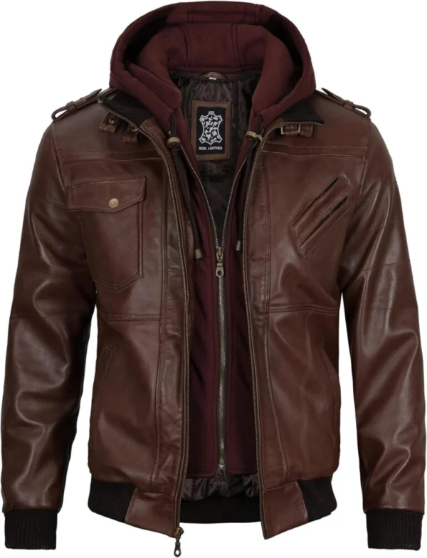 Ivylin Brown Hooded Cafe Racer Leather Jacket