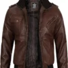 Ivylin Brown Hooded Cafe Racer Leather Jacket Open Front