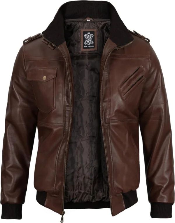 Ivylin Brown Hooded Cafe Racer Leather Jacket Open Front