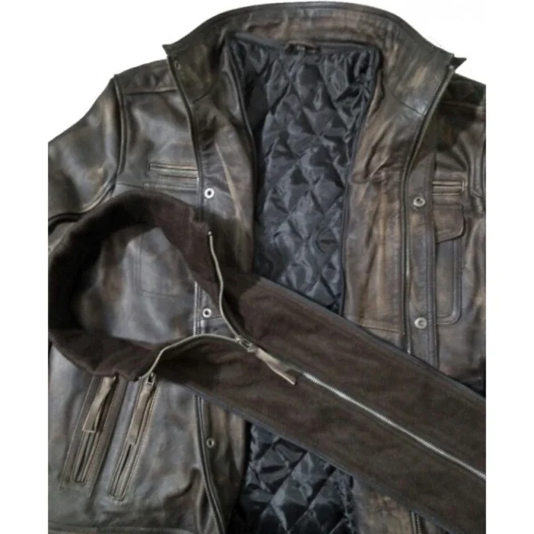 Izabela Distressed Leather Bomber Jacket Closeup